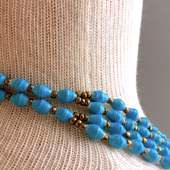 TENG YUE 80’s Newspaper Bead Turquoise & Gold Vintage Necklace - Picture 3 of 10
